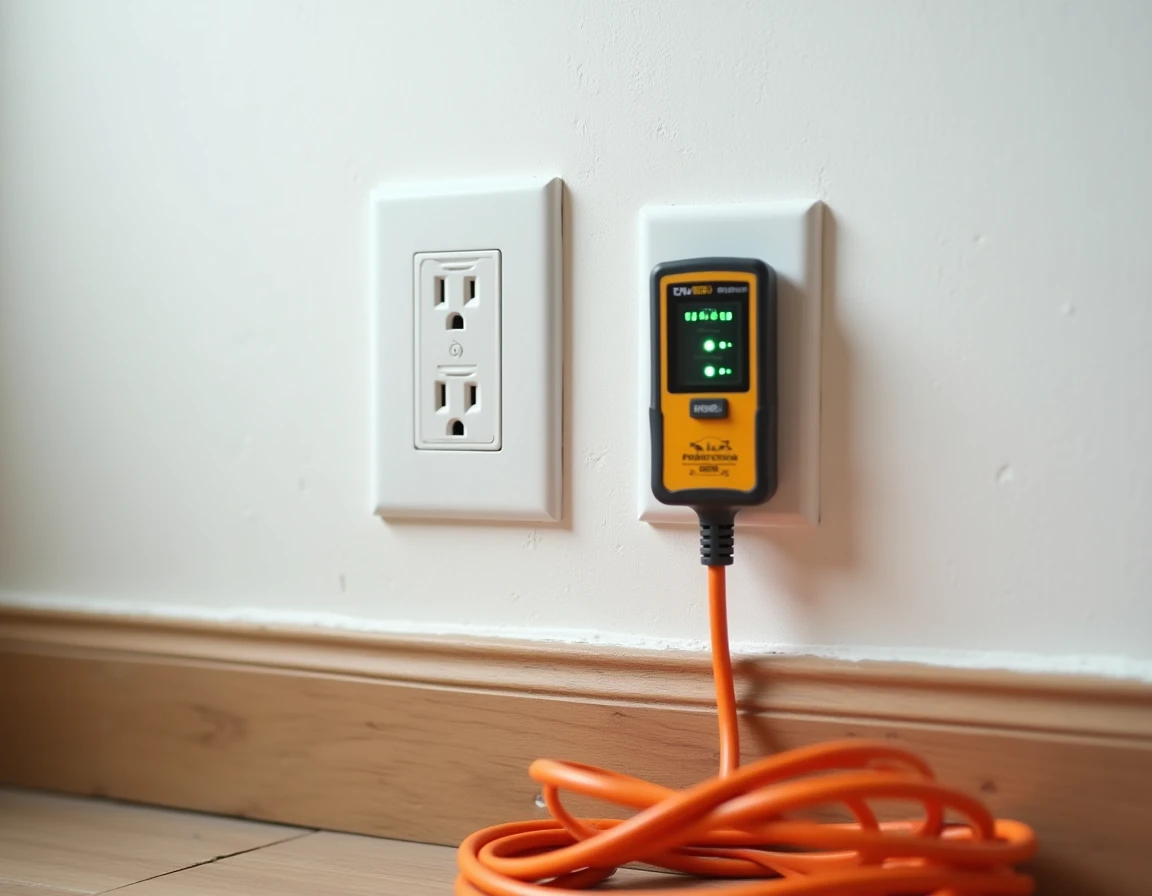 Testeur de prise branché sur une prise électrique murale avec indicateurs LED verts dans un appartement ancien