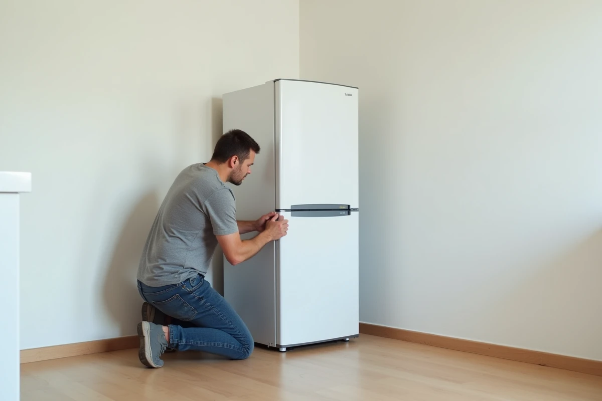 Homme vérifiant un réfrigérateur après l'avoir repositionné debout dans une cuisine vide suite à un déménagement