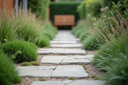 Allée étroite de jardin pavée de dalles en calcaire gris bordée de plantes couvre-sol et de graminées ornementales