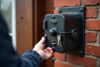Boîte à clé à code fixée sur un mur en briques rouges à côté d'une porte d'entrée, vue rapprochée montrant les cadrans et le blindage en acier