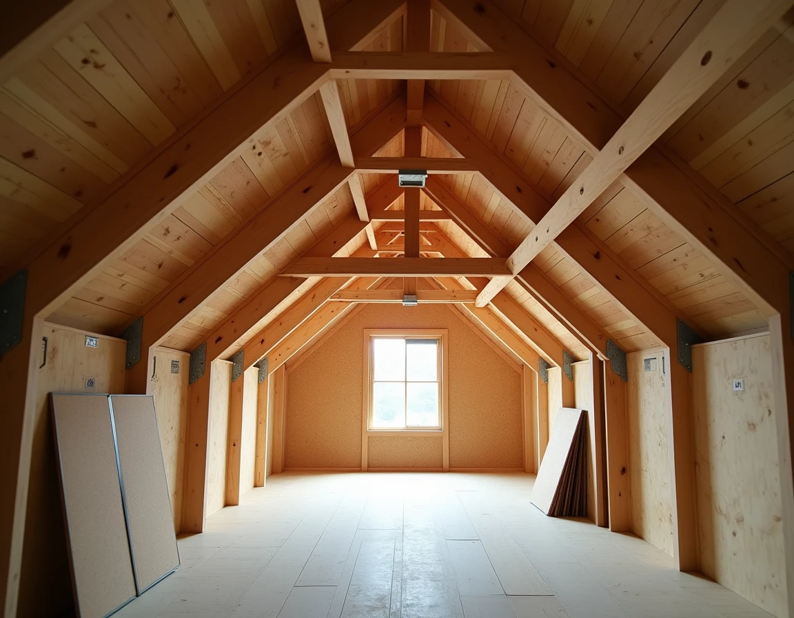 Vue intérieure en contre-plongée d'une charpente mixte bois et métal dans un grenier en surélévation de maison