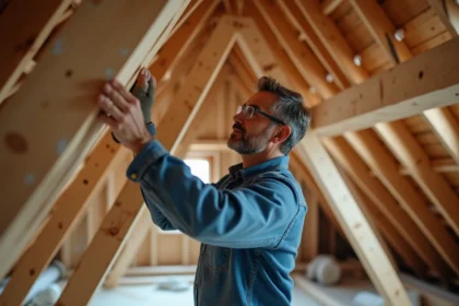 Charpentier inspectant la structure de charpente en bois dans un grenier en cours de rénovation pour une surélévation de maison