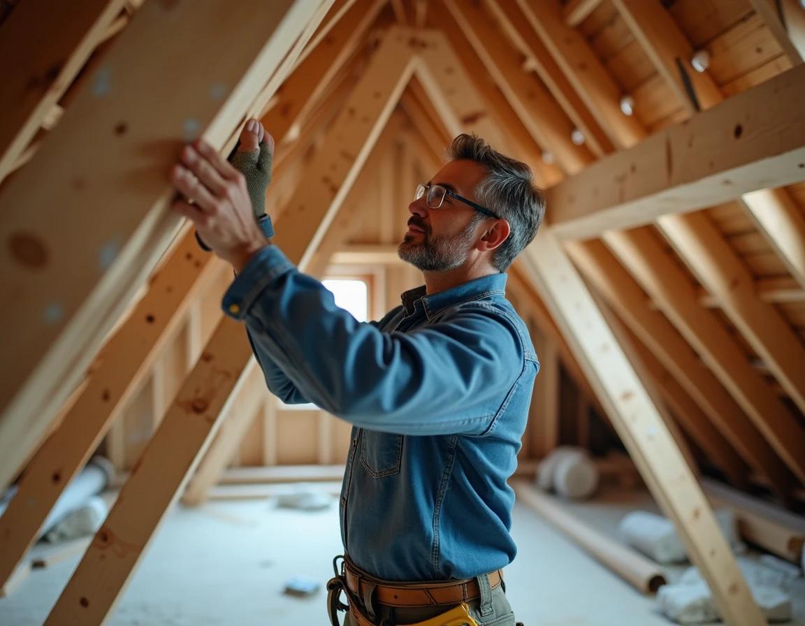 Charpentier inspectant la structure de charpente en bois dans un grenier en cours de rénovation pour une surélévation de maison