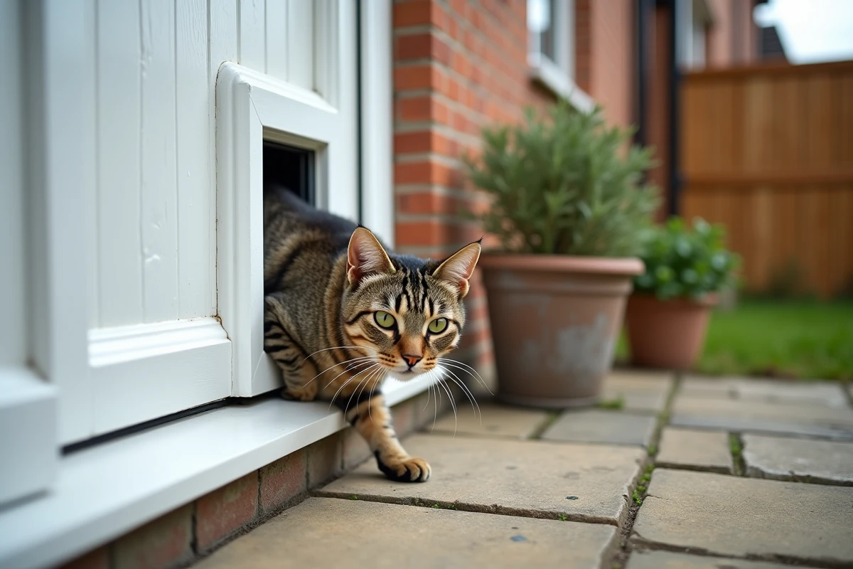 Chat passant par une chatière installée dans une porte PVC blanche donnant sur un jardin résidentiel