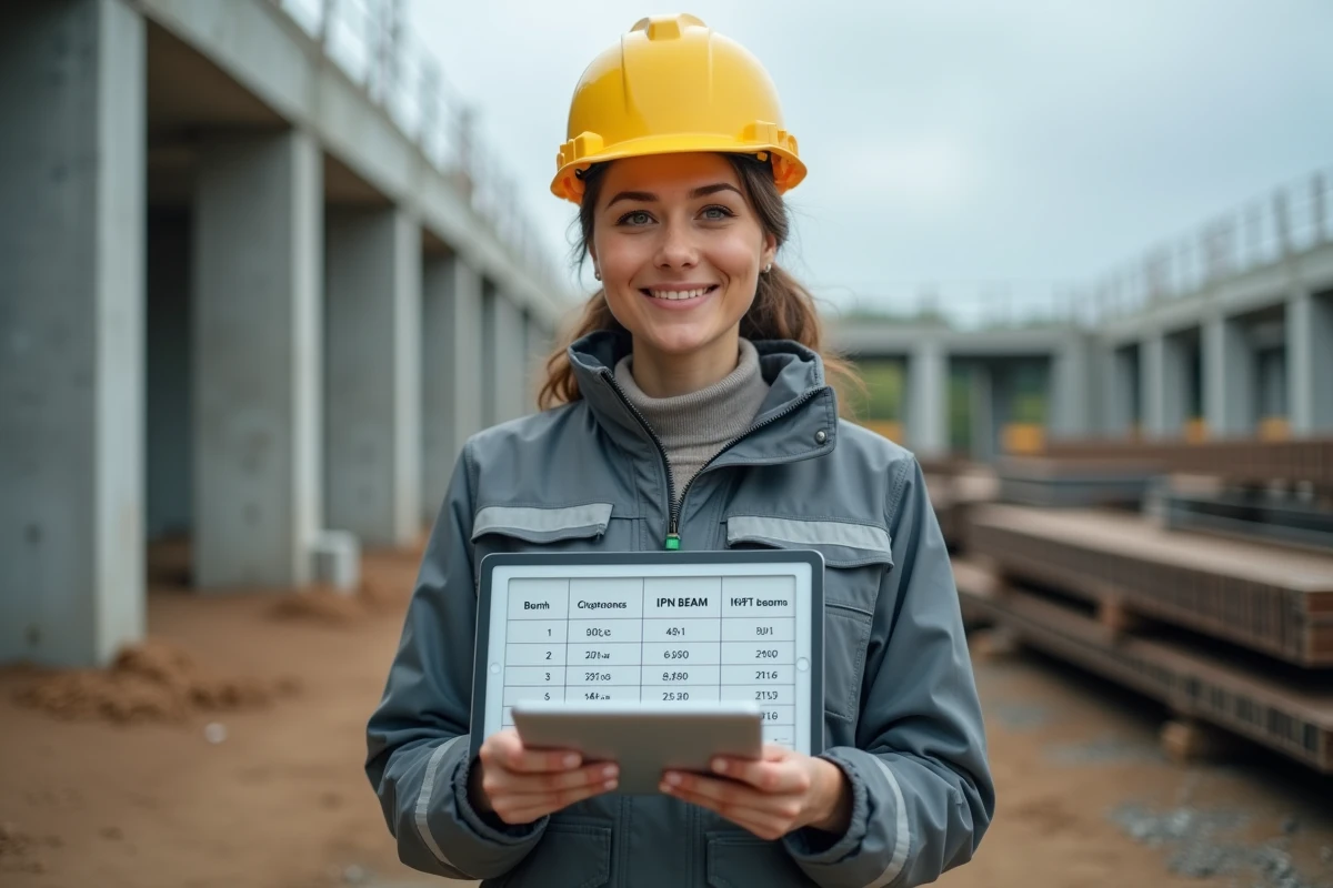 Cheffe de projet sur chantier consultant un tableau comparatif de dimensions d'IPN sur une tablette numérique