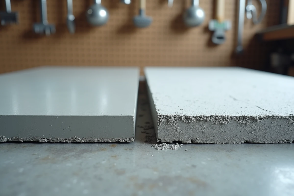 Comparaison côte à côte d'une coupe sur dalle béton humide et d'une coupe sur dalle béton sèche montrant les différences de texture
