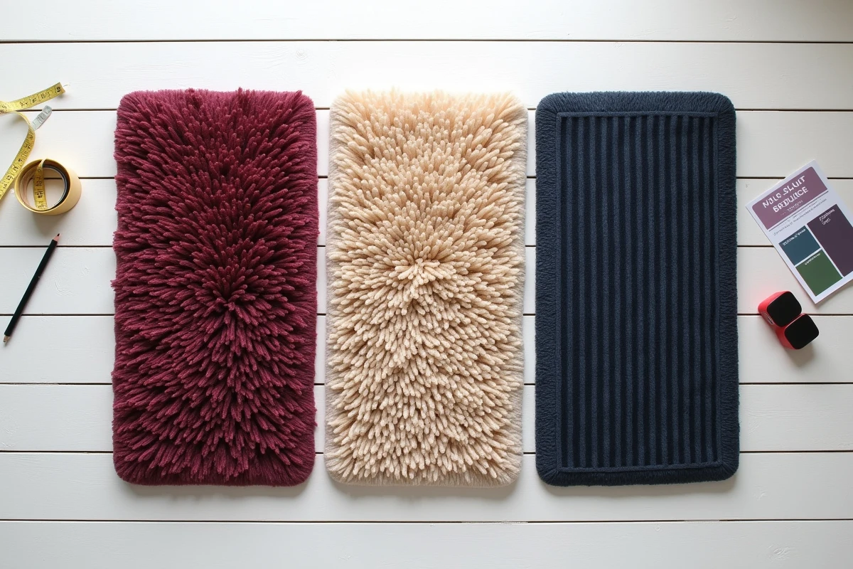 Comparaison de trois échantillons de marches en moquette antidérapante aux textures différentes posés sur un parquet blanc en vue de dessus