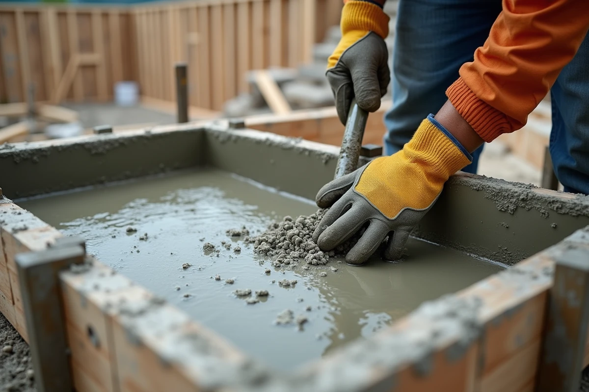 Coulage de béton dans le coffrage d'une fondation de terrasse avec vibrateur à béton