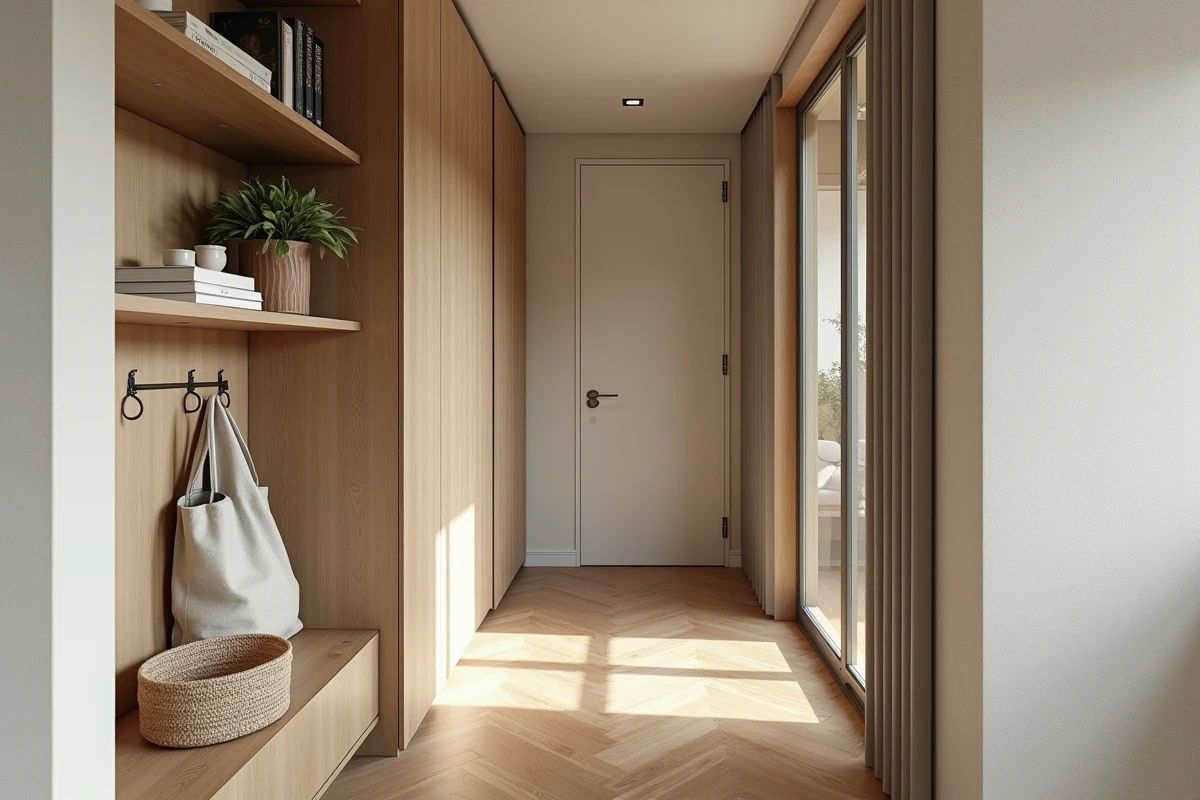 Couloir intérieur étroit d'appartement contemporain aménagé avec des étagères encastrées, parquet en chêne et papier peint texturé greige