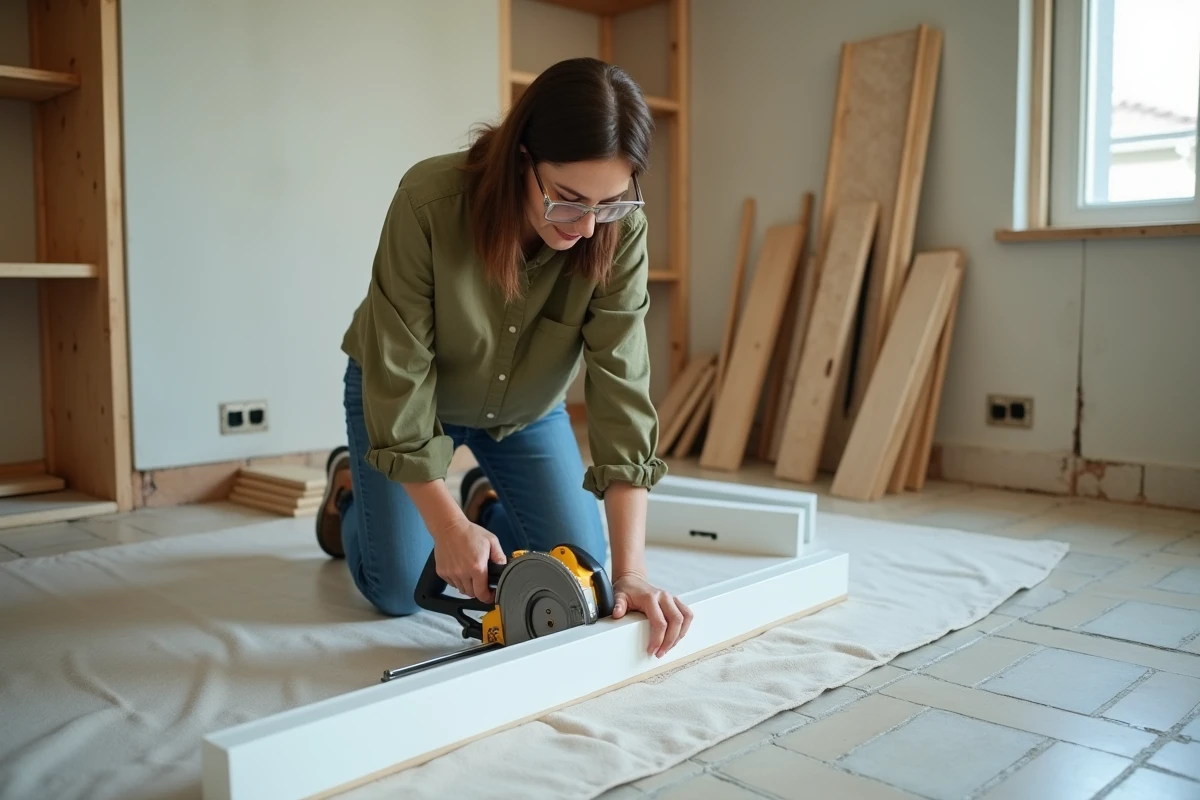 Femme utilisant une boîte à onglets manuelle et une scie à main pour couper une plinthe en bois blanc sur le sol d'une cuisine en cours de rénovation