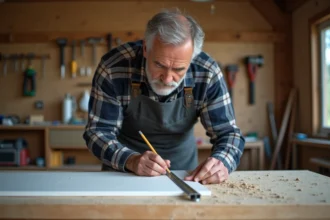 Homme mesurant et marquant une plinthe en MDF blanche avec un crayon et un mètre ruban sur un établi en bois dans un atelier de bricolage maison