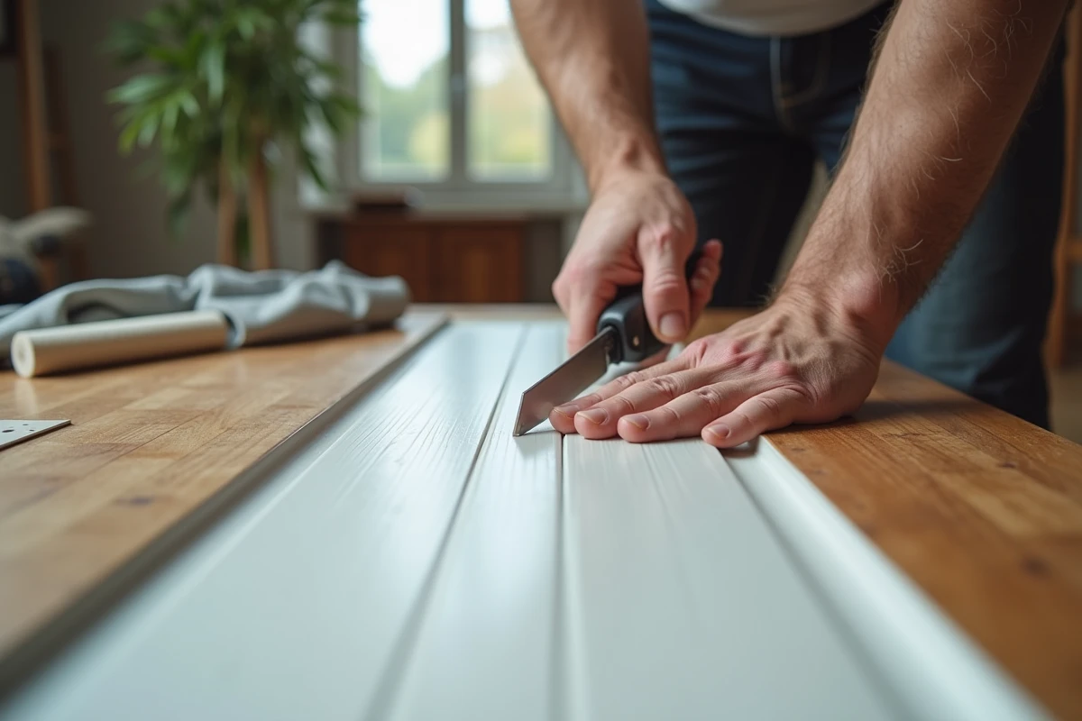 Mains d'homme utilisant un cutter pour scorer et couper une plinthe en PVC sur un tapis antidérapant posé sur une table, sans matériel électrique