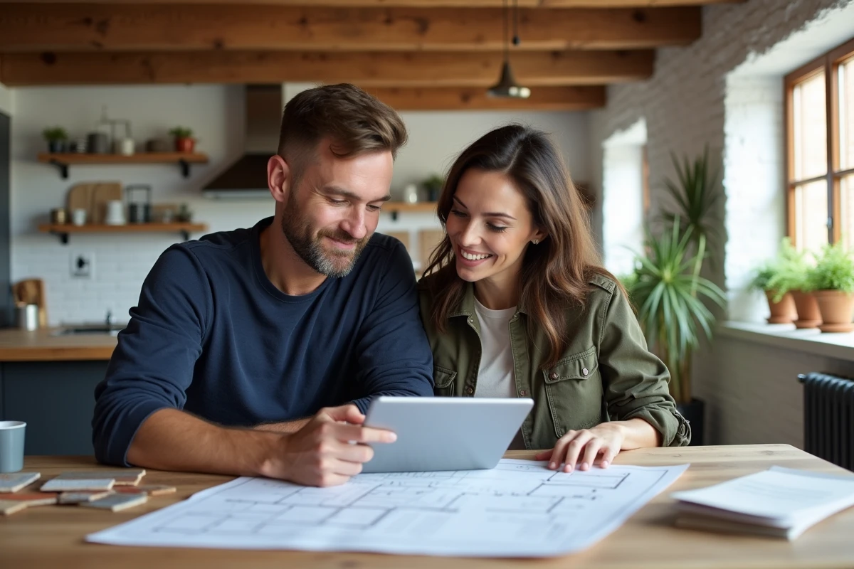 Couple planifiant un projet de rénovation et décoration maison autour d'une table avec plans et matériaux de bricolage