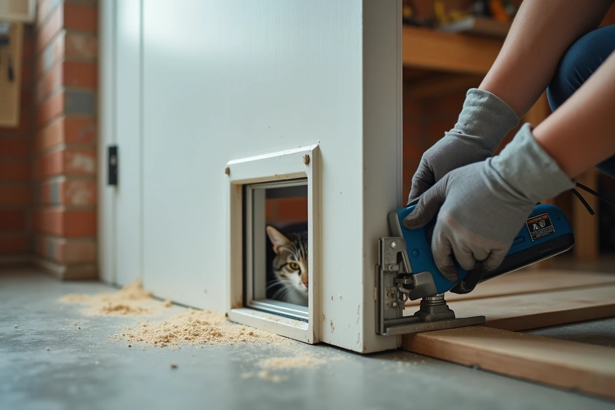 Découpe précise d'une chatière dans un panneau de porte PVC avec une scie sauteuse, mains gantées en gros plan