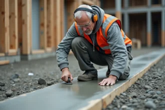 Ouvrier du bâtiment réalisant une découpe sur une dalle béton humide sur un chantier extérieur
