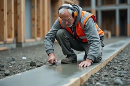 Ouvrier du bâtiment réalisant une découpe sur une dalle béton humide sur un chantier extérieur
