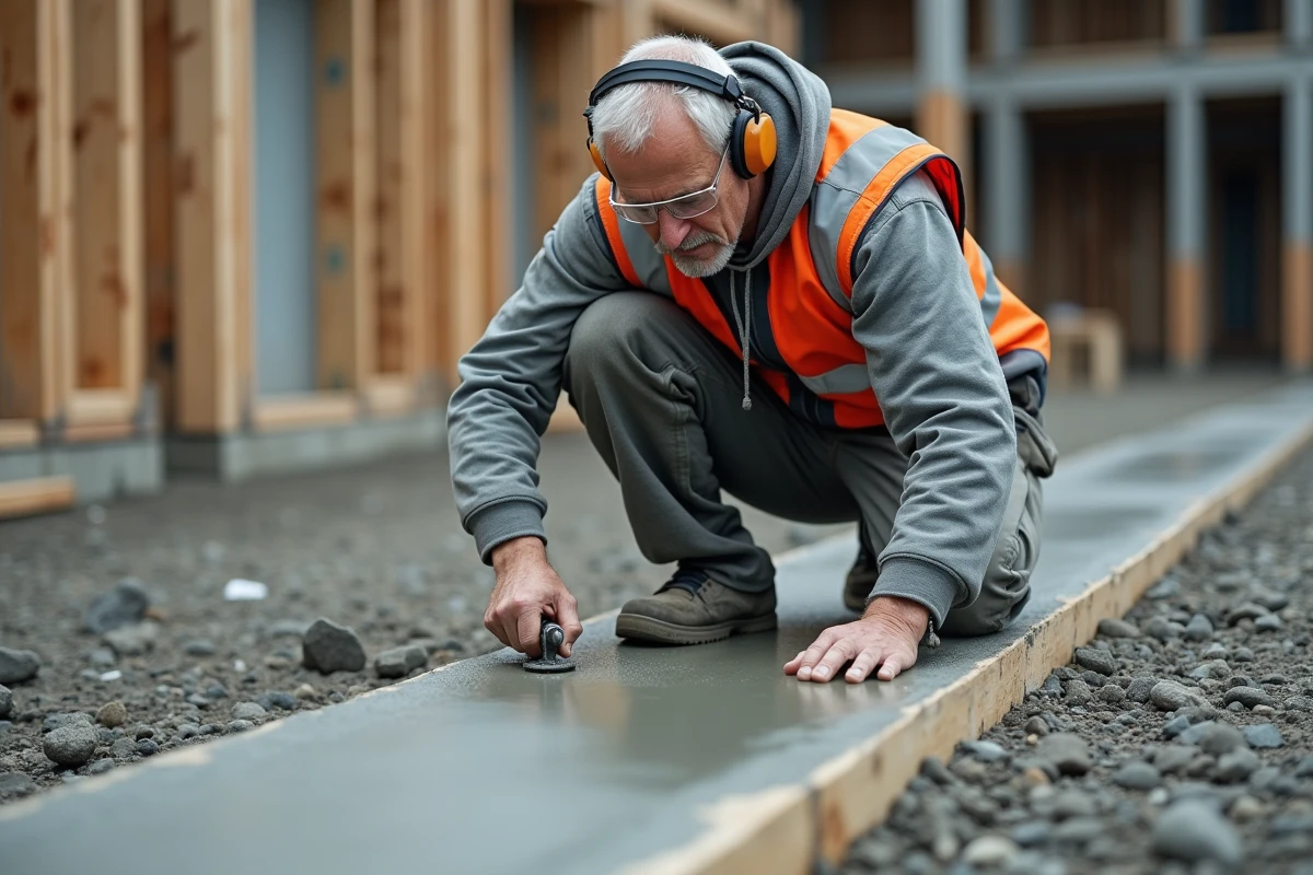 Ouvrier du bâtiment réalisant une découpe sur une dalle béton humide sur un chantier extérieur