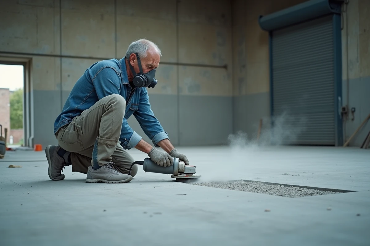 Entrepreneur utilisant une meuleuse à disque diamant pour couper une dalle béton sèche dans un bâtiment industriel