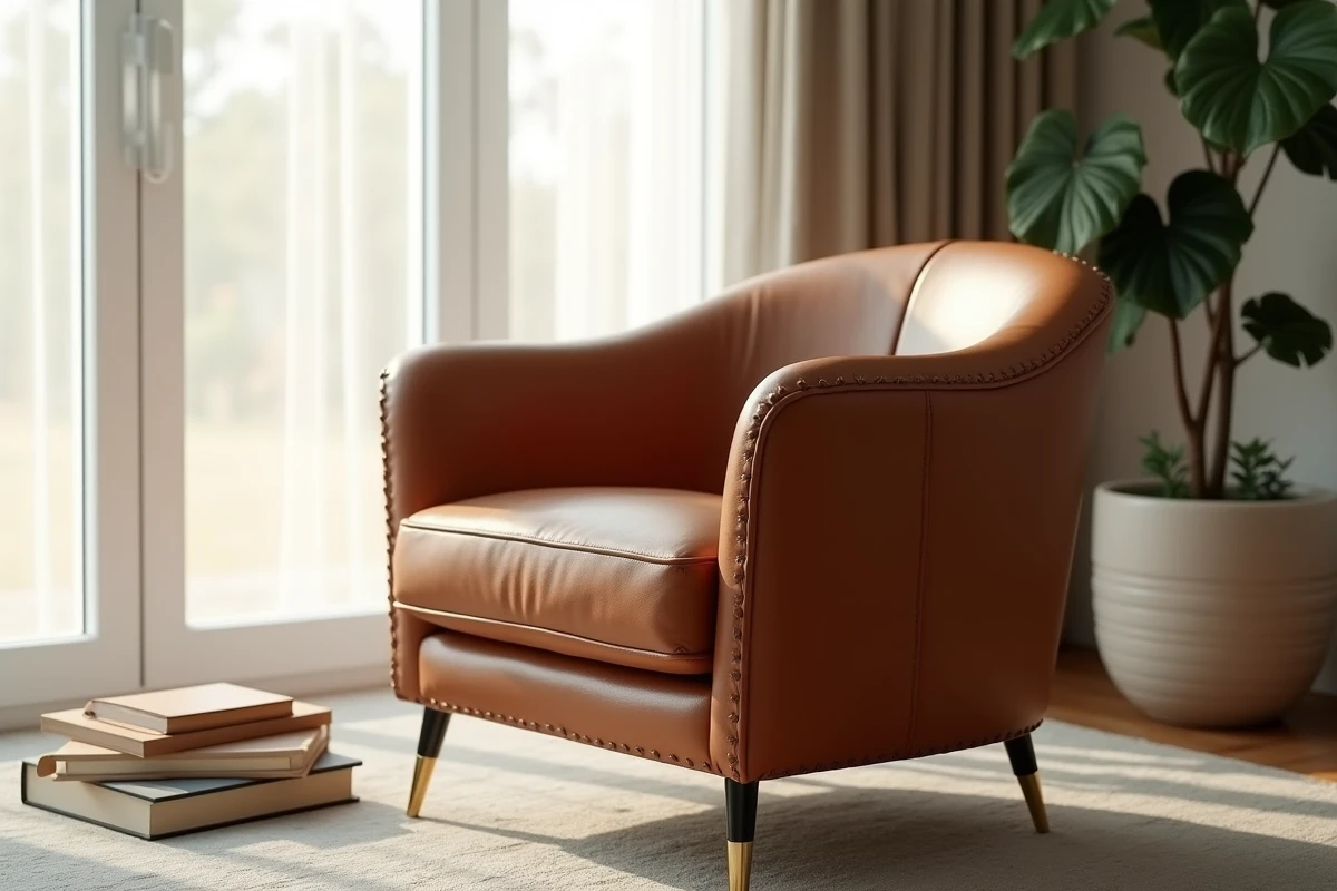 Fauteuil design en cuir cognac avec pieds laiton dans une chambre lumineuse près d'une fenêtre habillée de lin