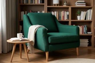 Fauteuil de lecture design en bouclé vert forêt dans un coin chambre avec bibliothèque en bois et table d'appoint