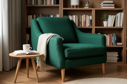 Fauteuil de lecture design en bouclé vert forêt dans un coin chambre avec bibliothèque en bois et table d'appoint