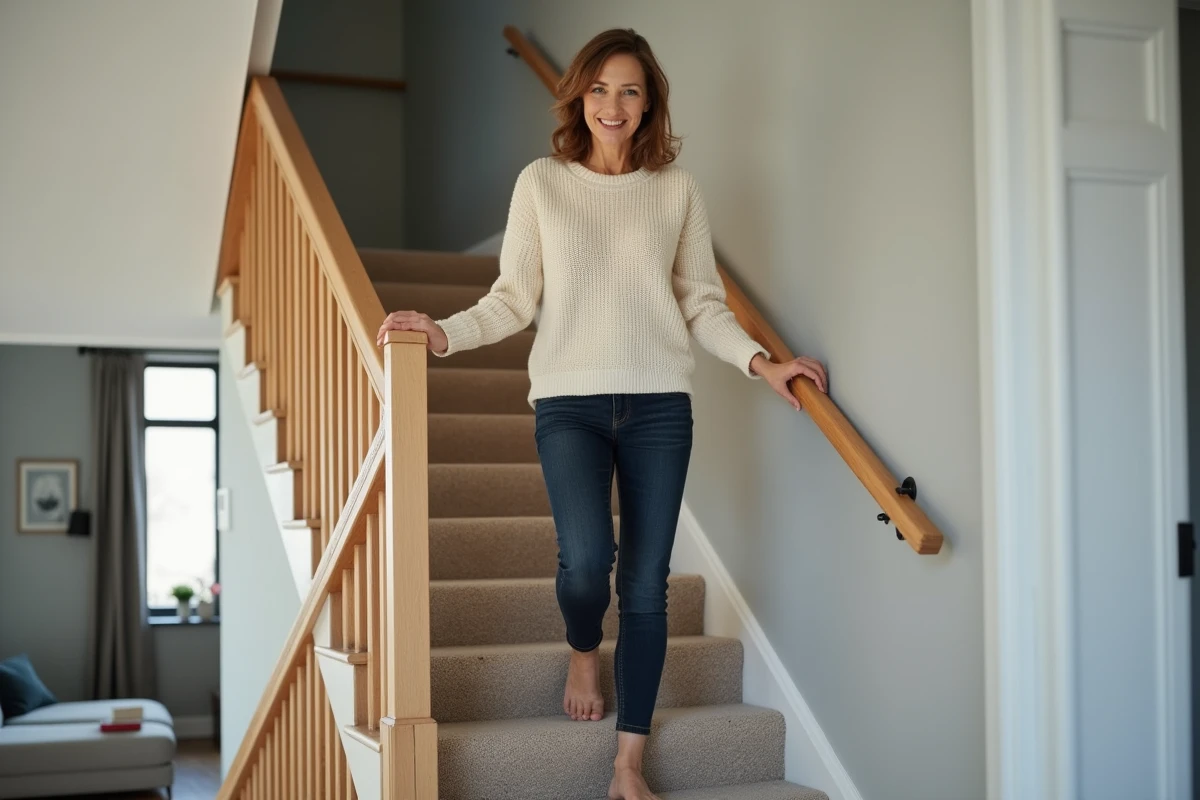 Femme descendant un escalier recouvert de marches en moquette beige antidérapante dans un intérieur contemporain