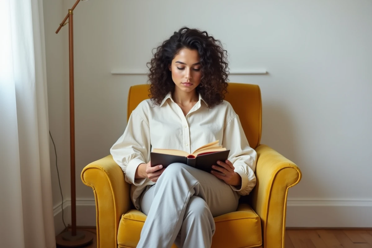 Femme lisant dans un fauteuil velours moutarde design dans une chambre minimaliste épurée