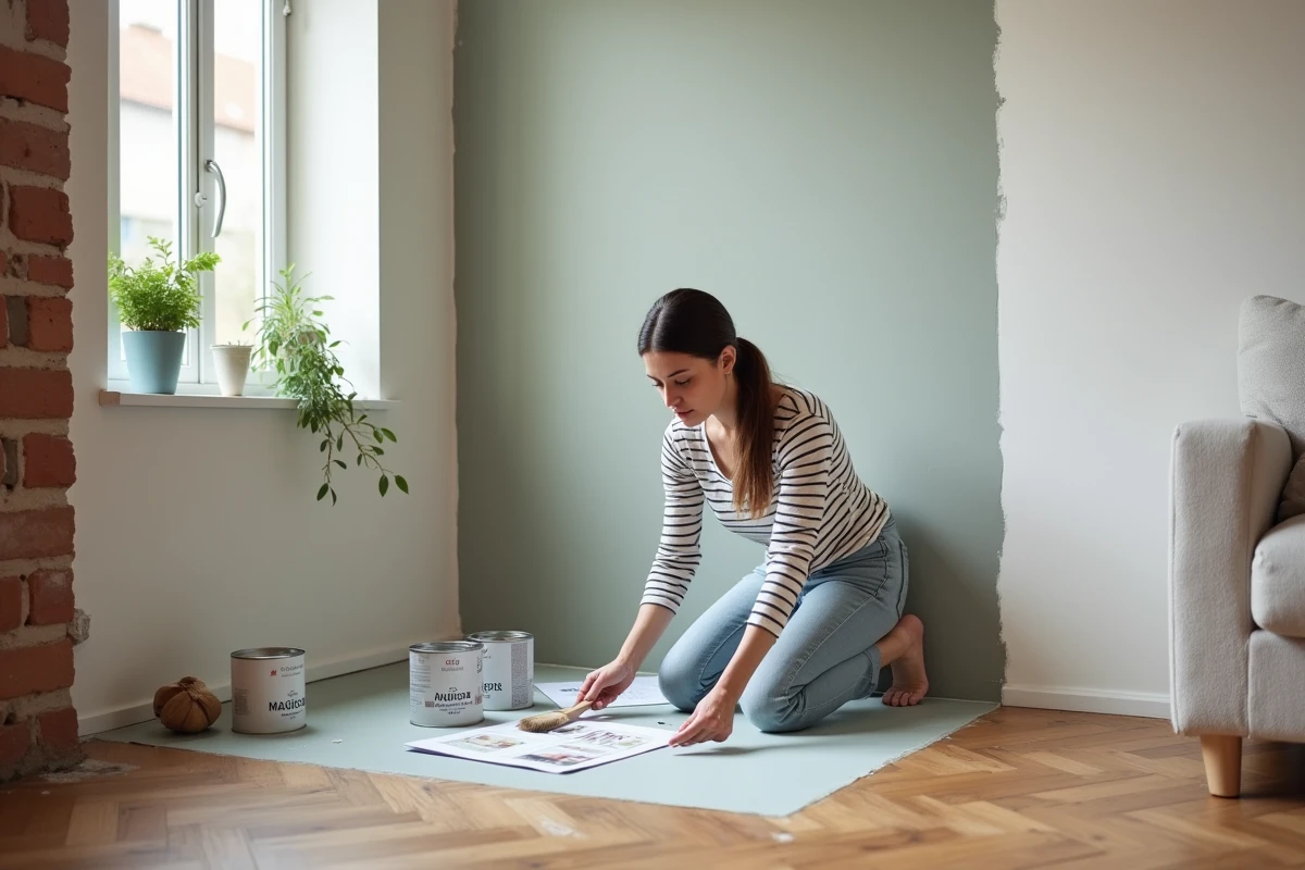 Femme en train de peindre un mur intérieur lors d'un projet de décoration maison inspiré par un magazine de bricolage