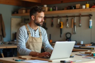 Homme bricoleur consultant un magazine de bricolage en ligne sur son ordinateur portable dans un atelier de garage bien organisé