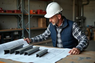 Ingénieur en structure comparant des sections d'IPN sur un plan technique dans un atelier industriel
