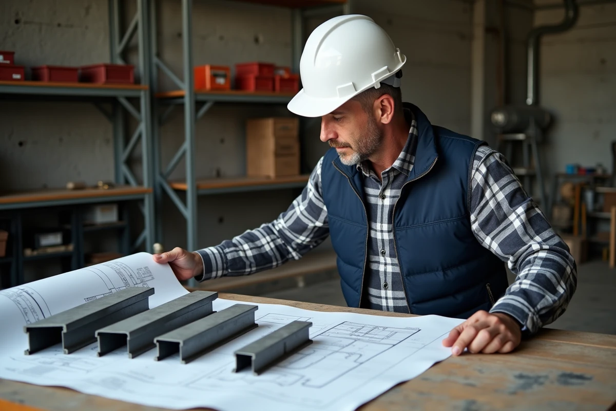 Ingénieur en structure comparant des sections d'IPN sur un plan technique dans un atelier industriel