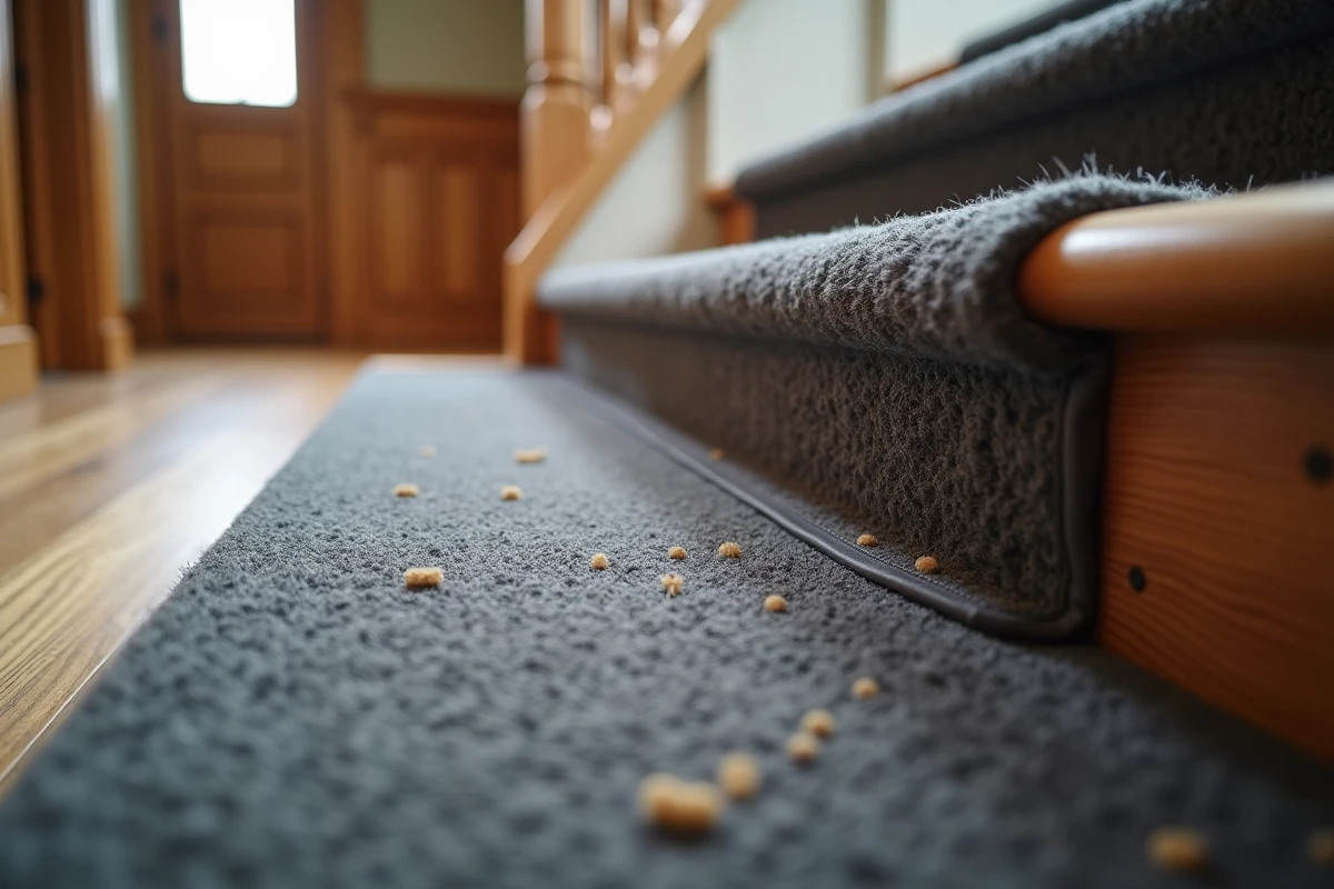 Gros plan sur une marche en moquette antidérapante gris anthracite installée sur un escalier en bois avec bordure caoutchouc visible
