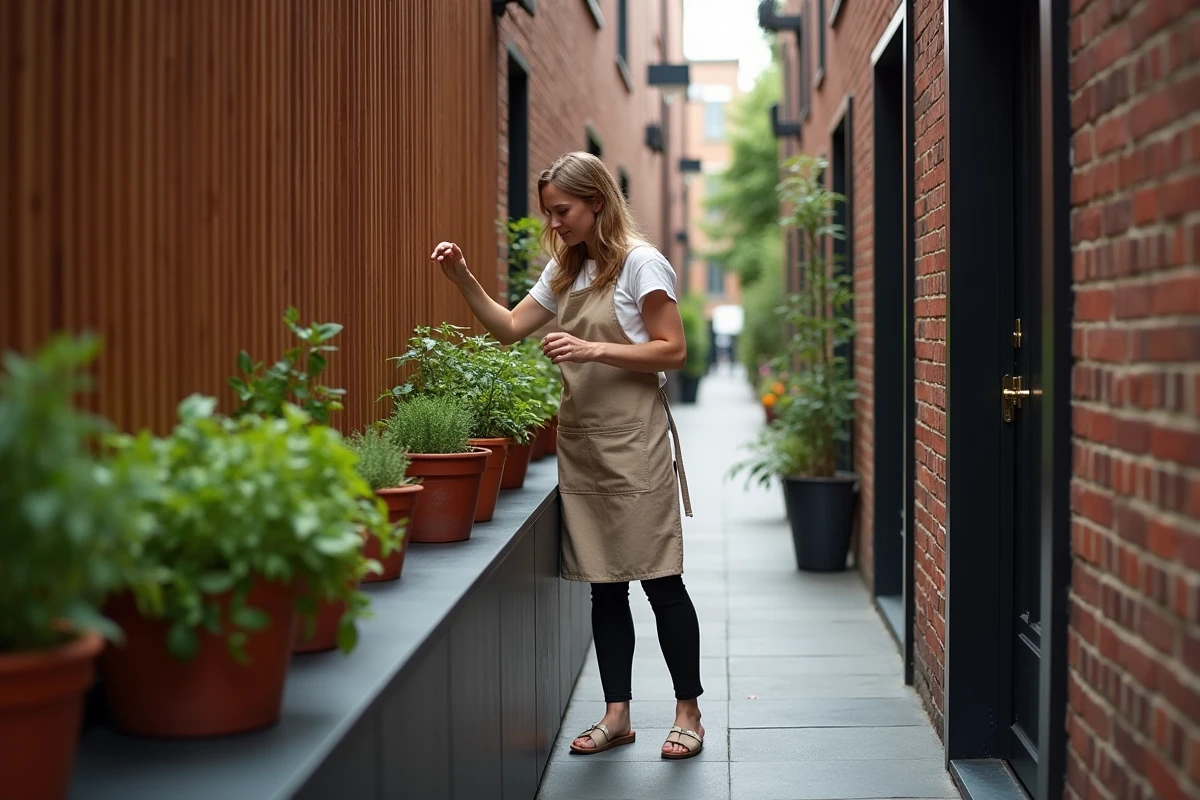 Passage latéral étroit entre deux maisons de ville aménagé avec des panneaux en bois et des herbes aromatiques en pots