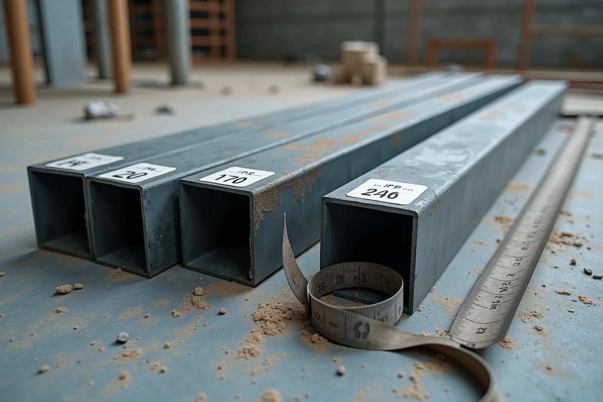 Vue aérienne de cinq sections d'IPN en acier de différentes dimensions étiquetées sur un sol en béton de chantier