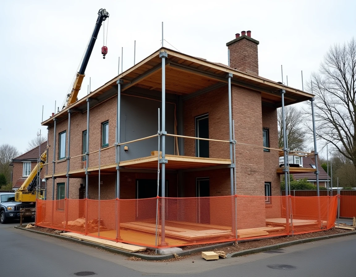 Façade extérieure d'une maison en cours de surélévation avec nouvelle charpente métallique visible au-dessus des murs existants