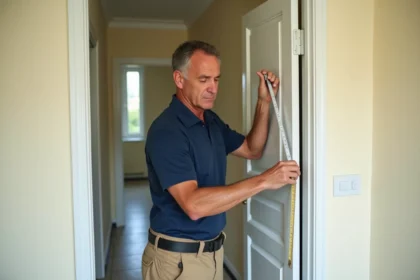 Technicien mesurant une porte PVC blanche avant l'installation d'une chatière, vue intérieure d'un couloir résidentiel
