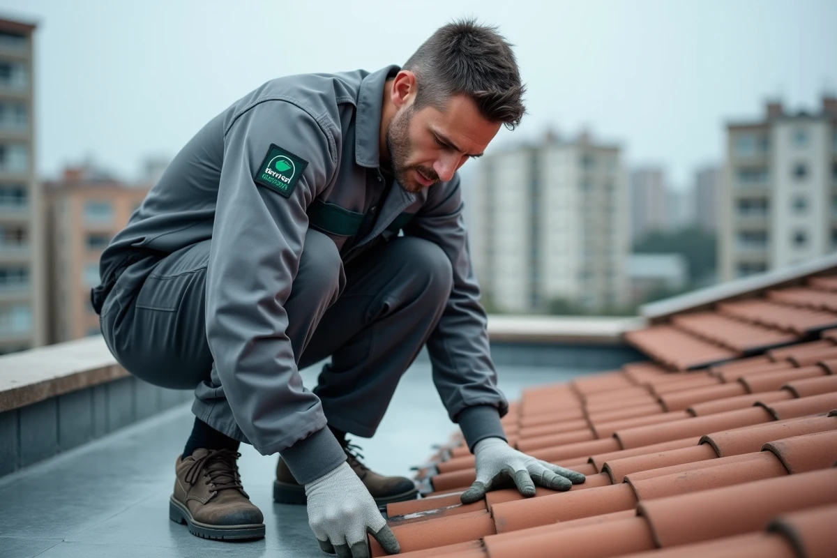 Technicien Servitech inspectant une toiture en milieu urbain lors d'une intervention de diagnostic extérieur