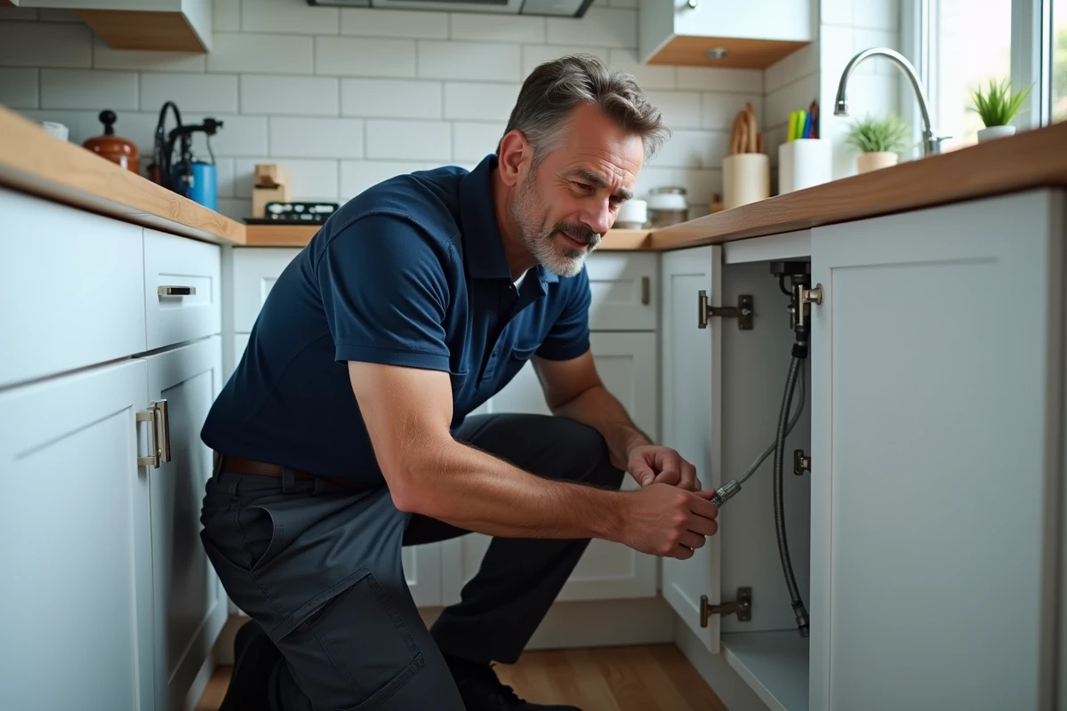 Technicien Servitech inspectant la plomberie sous un évier de cuisine lors d'un chantier à domicile