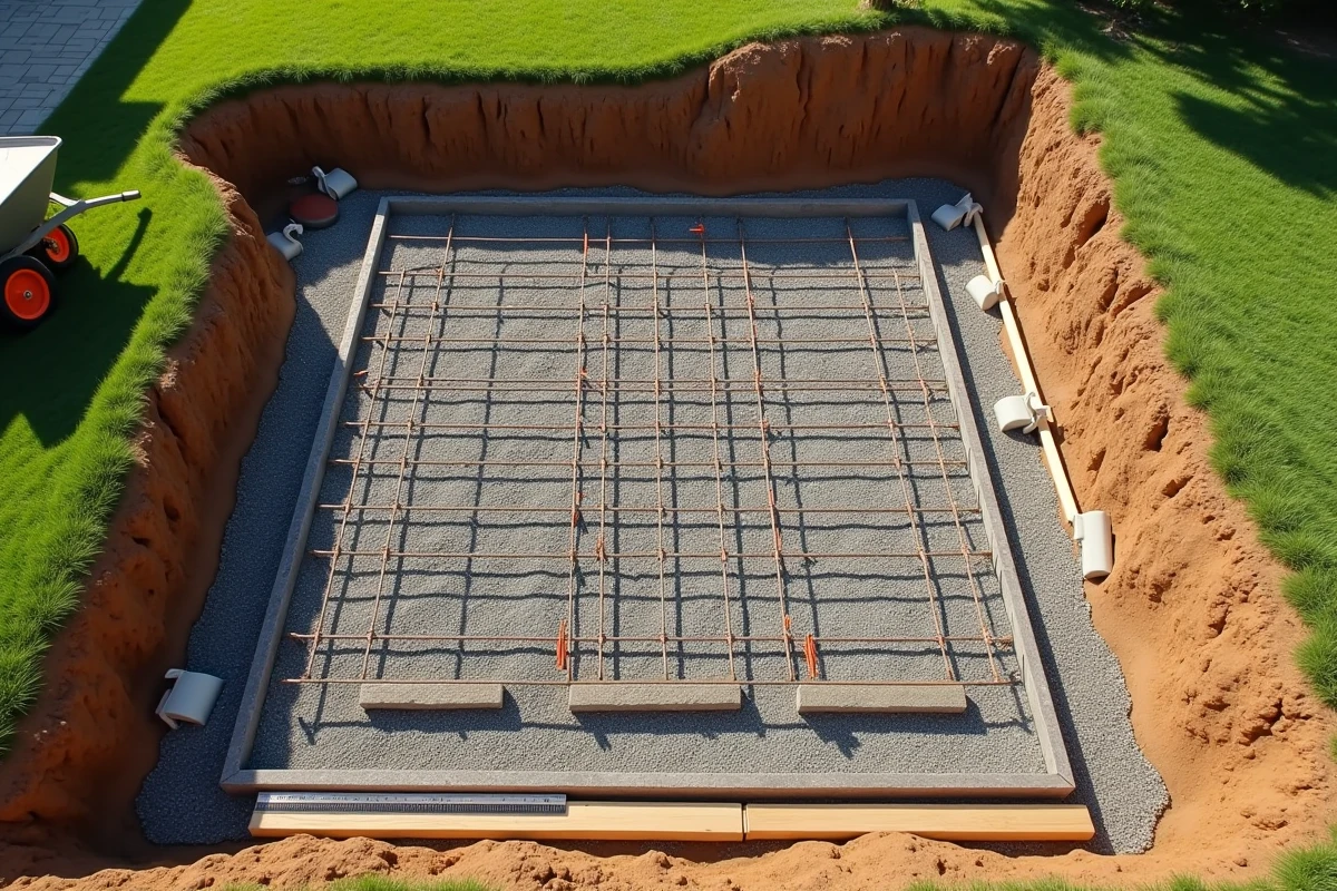 Vue aérienne du ferraillage en grille d'une fondation de terrasse avec gravillons et écarteurs béton