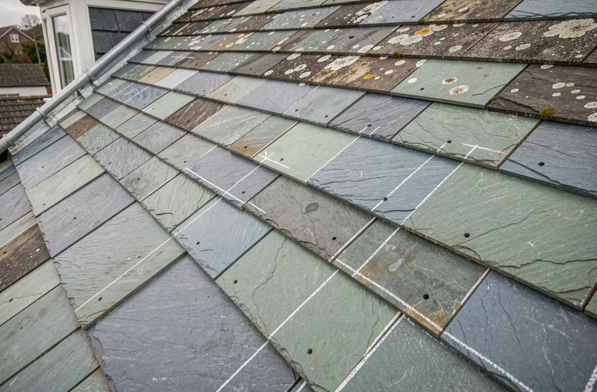 Vue rapprochée d'ardoises de différentes dimensions disposées sur un toit à faible pente avec repères de recouvrement