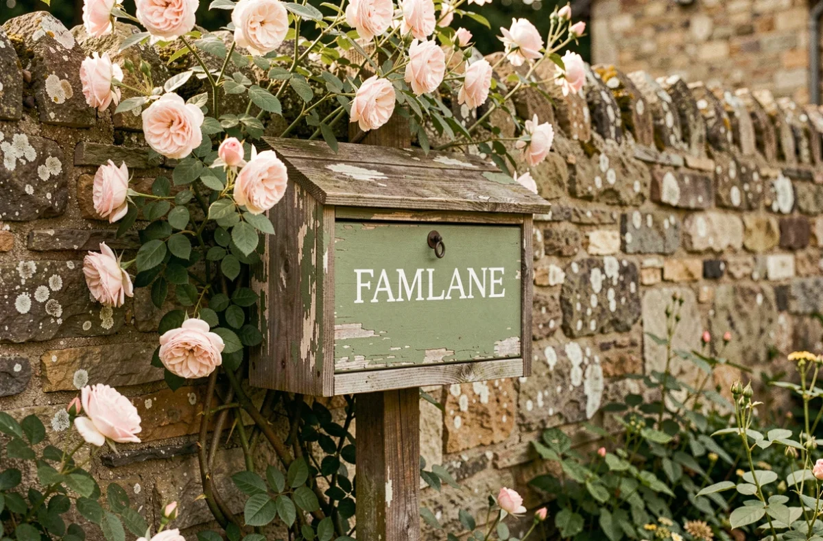 Boîte aux lettres habillée en bois recyclé vert sauge avec rosiers grimpants à l'entrée d'un cottage de campagne
