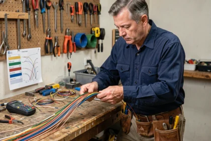 Électricien expérimenté examinant des câbles électriques de différentes sections sur un établi de bricolage