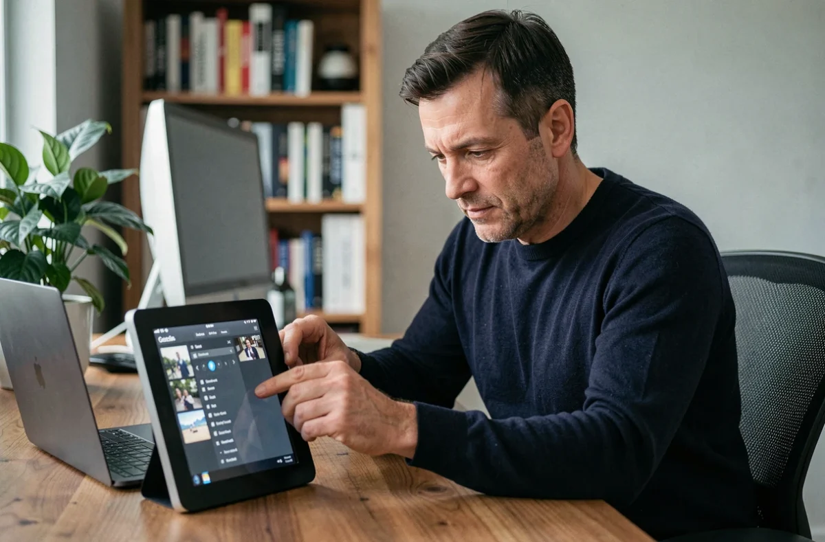 Homme configurant un cadre photo numérique sur son bureau de travail à domicile