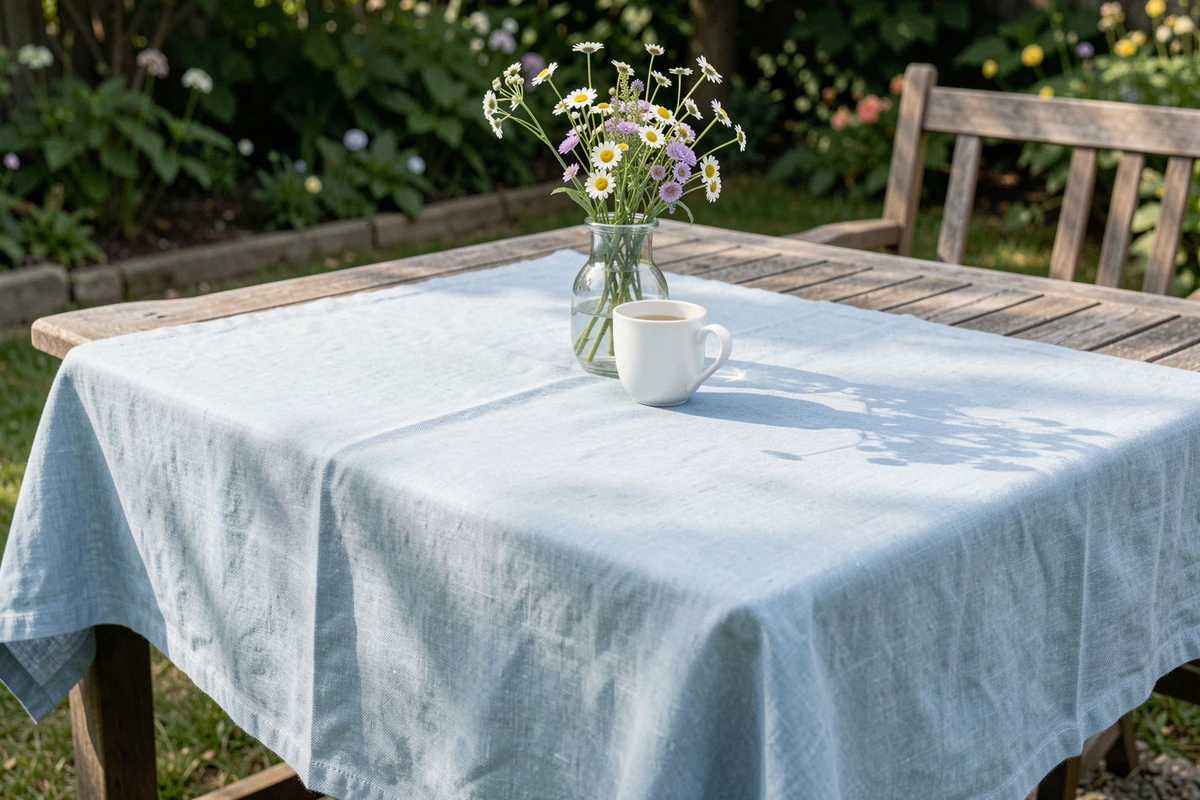 Nappe en lin bleu clair sur une table de jardin en bois avec une tasse blanche et de petites fleurs sauvages