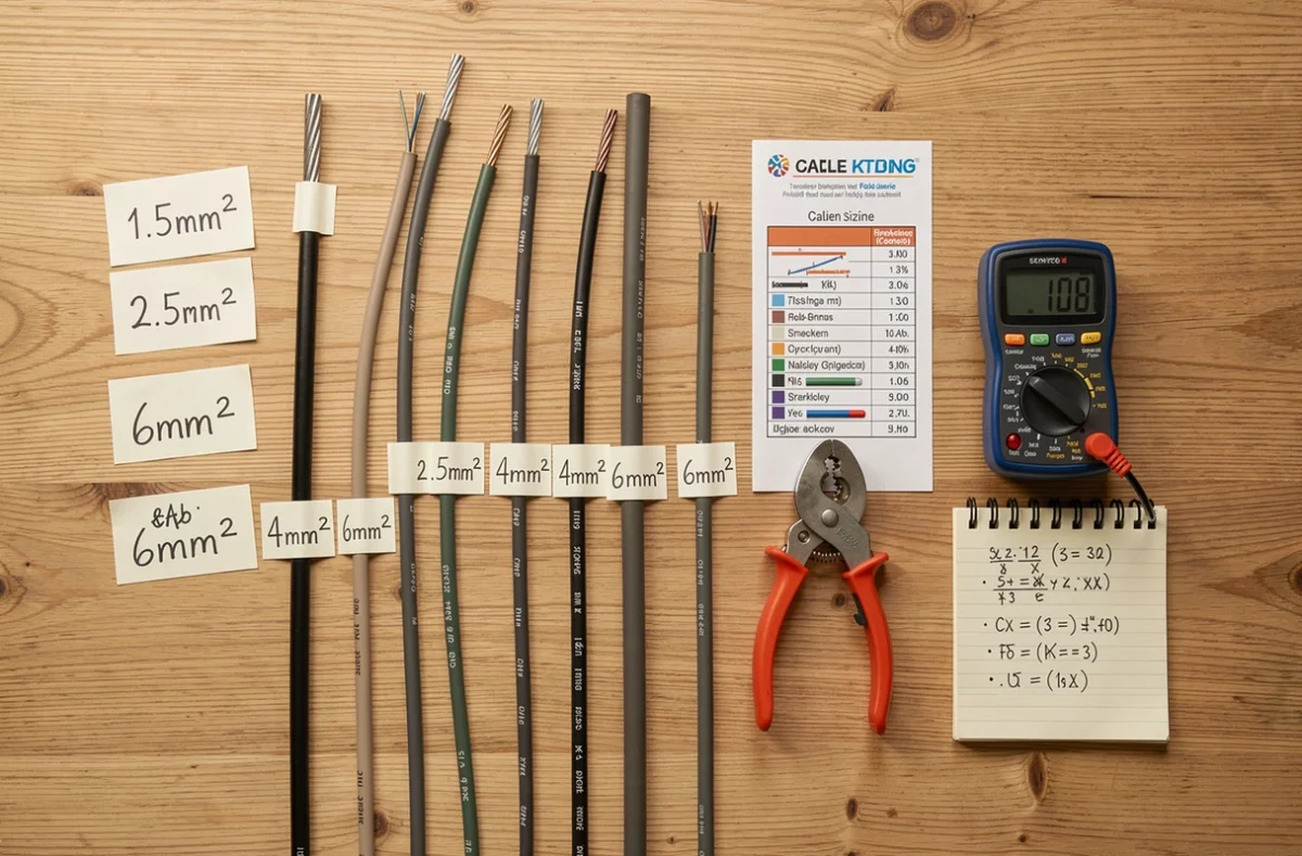 Vue aérienne de câbles électriques de différentes sections avec outils et guide de référence sur une table de travail