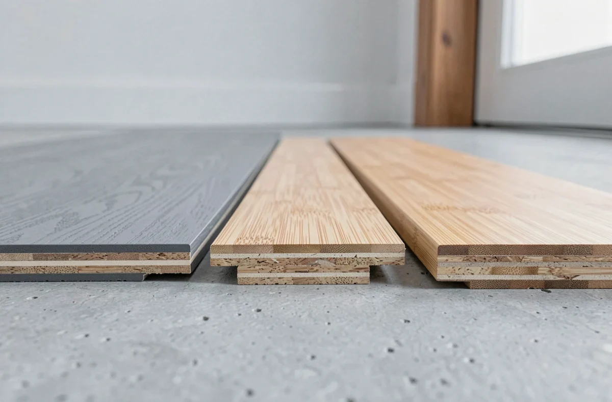 Comparaison de trois types de parquets faciles à poser pour locataires : vinyle clipsable, stratifié et bambou flottant