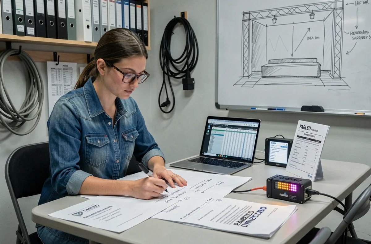 Conceptrice lumière étudiant un plan d'éclairage PARLED avec fiche technique et logiciel DMX dans un bureau de production événementielle