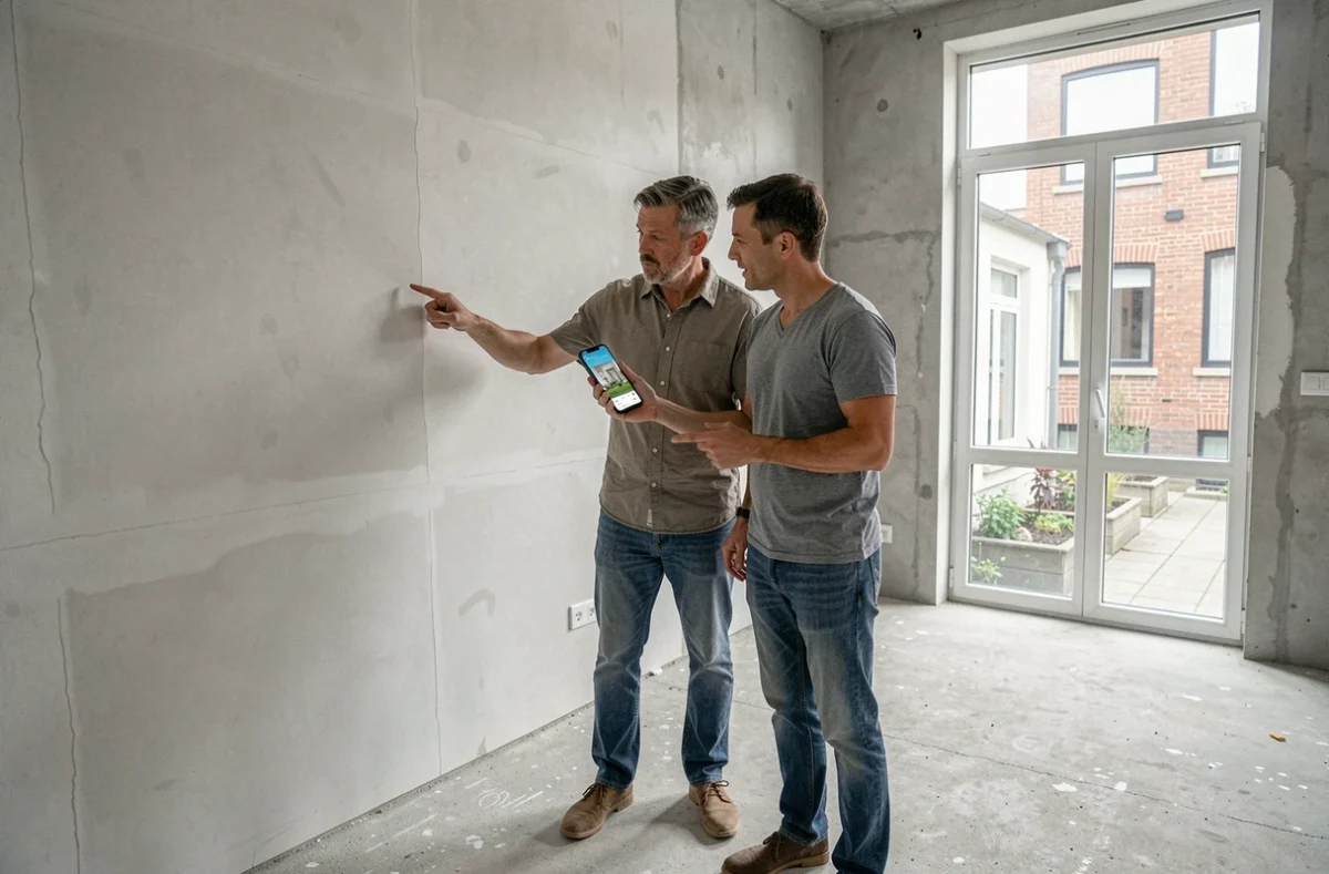 Couple utilisant une application de décoration pour visualiser le relooking d'une salle à manger vide avant rénovation