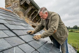 Couvreur posant des ardoises grand format sur un toit à forte pente en milieu rural