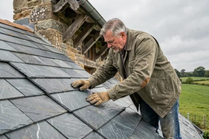 Couvreur posant des ardoises grand format sur un toit à forte pente en milieu rural